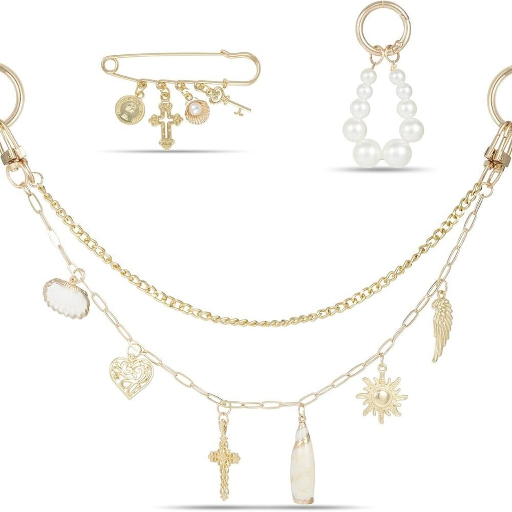 4-in-1 Gold Bag Charms Set Pearl Beads Shell Pendant Safety Pin Fashion